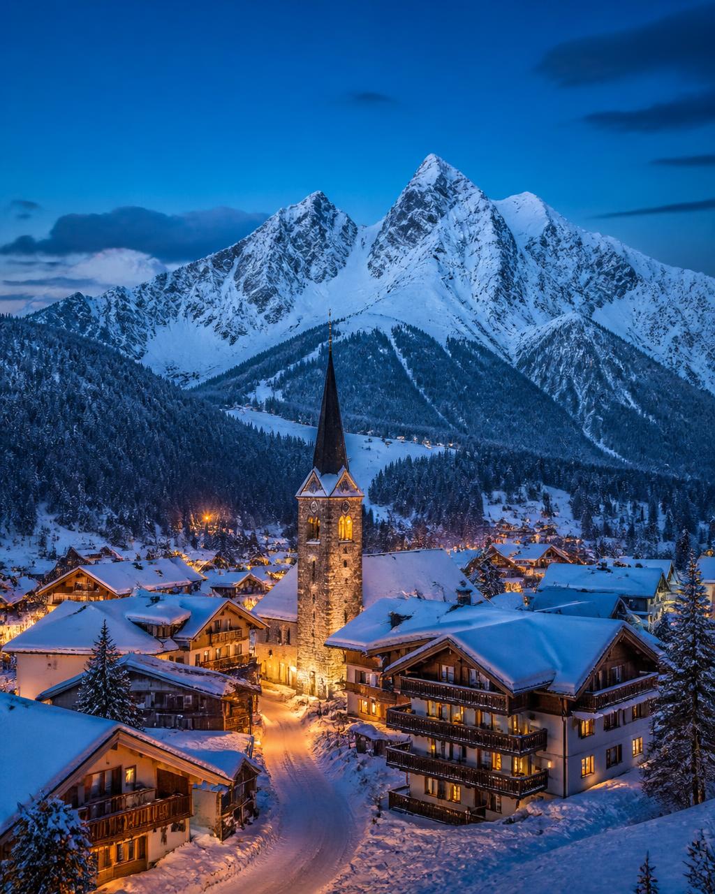 Borgo di montagna innevato con luci accese all'ora blu